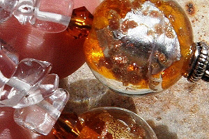 KapKa Design Amber Silver Leaf Murano Glass Ball and Rock Quartz Sterling Silver Earrings