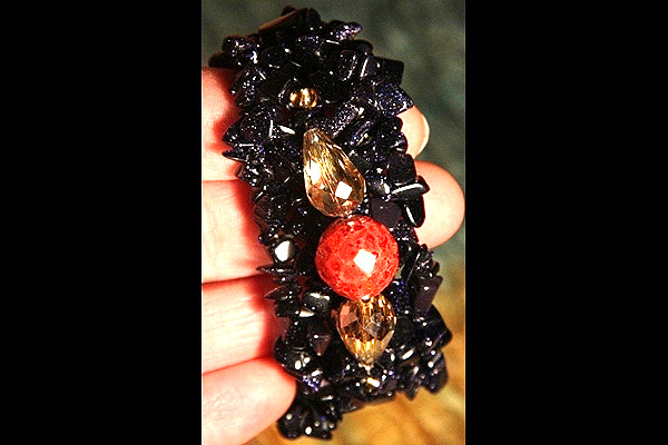 Dark Blue Goldstone Bracelet with Genuine Red Sponge Coral Ball