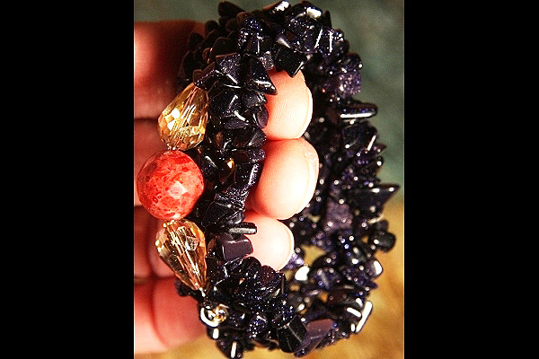 Dark Blue Goldstone Bracelet with Genuine Red Sponge Coral Ball