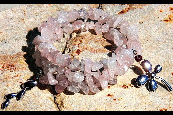 Rose Quartz Bracelet with Red Garnet and Sterling Silver Floral Ornaments
