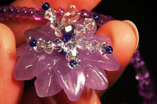 Purple Pink Jade Flower and Cobalt Blue Swarovski Crystal Necklace