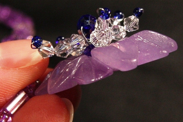 Purple Pink Jade Flower and Cobalt Blue Swarovski Crystal Necklace