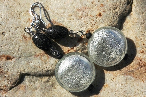 Big Beautiful Silver Leaf Murano Glass and Lava Stone Sterling Silver Earrings