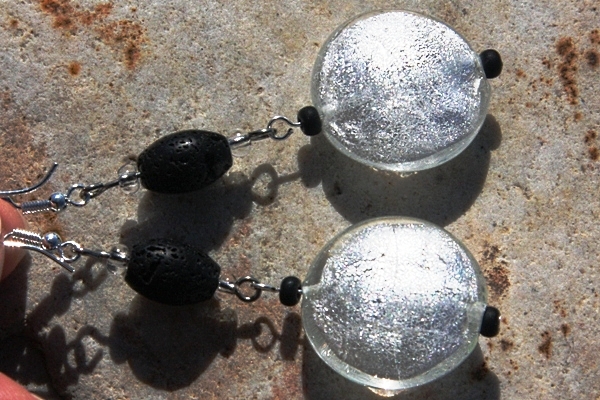 Big Beautiful Silver Leaf Murano Glass and Lava Stone Sterling Silver Earrings