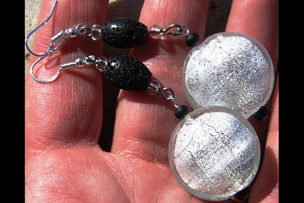 Big Beautiful Silver Leaf Murano Glass and Lava Stone Sterling Silver Earrings