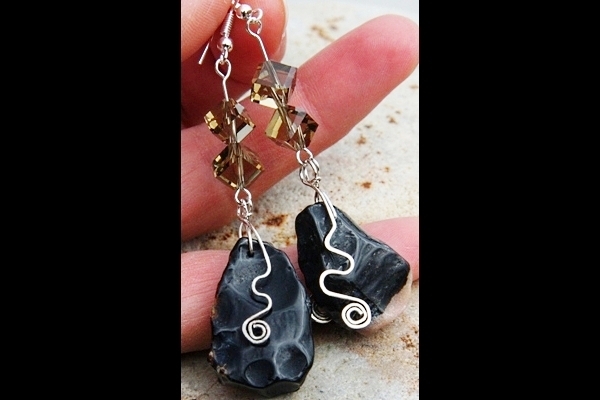 Rough Obsidian Stone and Smoky Quartz Cube Sterling Silver Wrapped Earrings