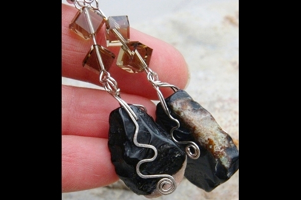 Rough Obsidian Stone and Smoky Quartz Cube Sterling Silver Wrapped Earrings