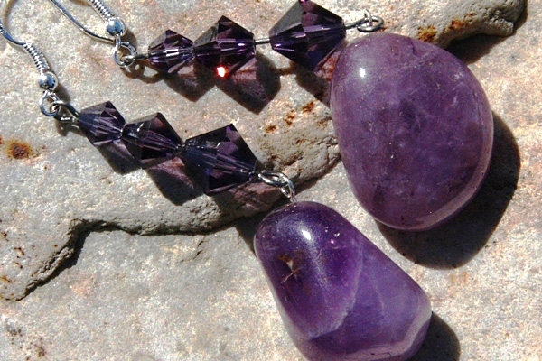 Big Amethyst Stone and Swarovski Crystal Sterling Silver Earrings
