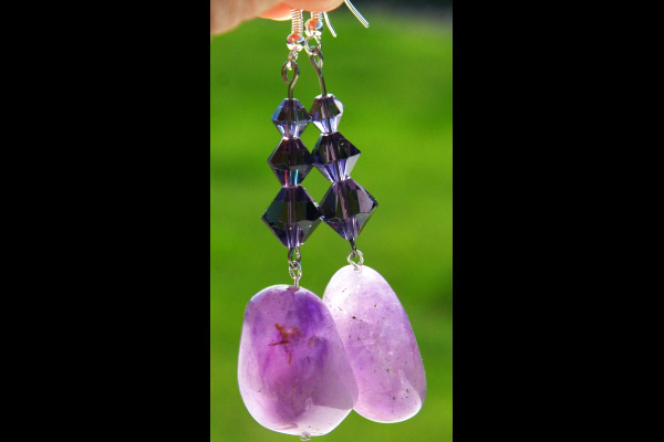 Big Amethyst Stone and Swarovski Crystal Sterling Silver Earrings