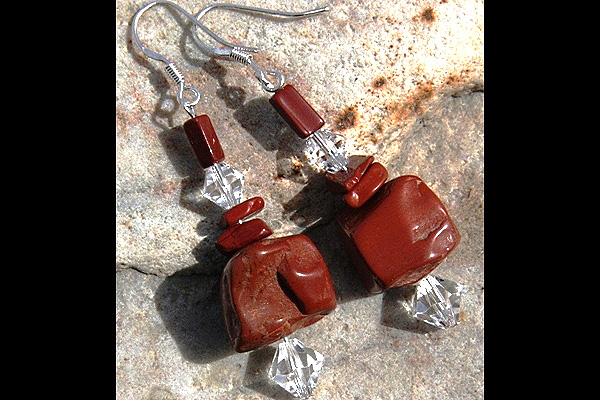 Red Jasper Rough Stone and Swarovski Crystal Sterling Silver Earrings
