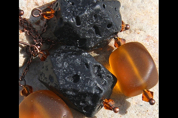 Amber Frosted Glass Chunks and Black Lava Stone Seesaw Copper Chain Earrings