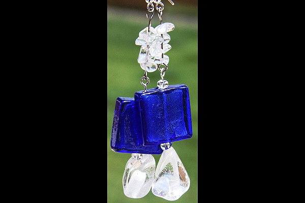 Cobalt Blue Silver Leaf Murano Glass and Rock Quartz Sterling Silver Earrings