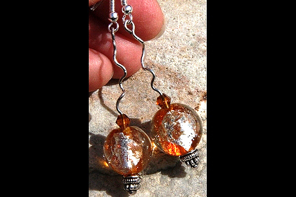 Amber Honey Silver Leaf Murano Glass Ball Sterling Silver Earrings