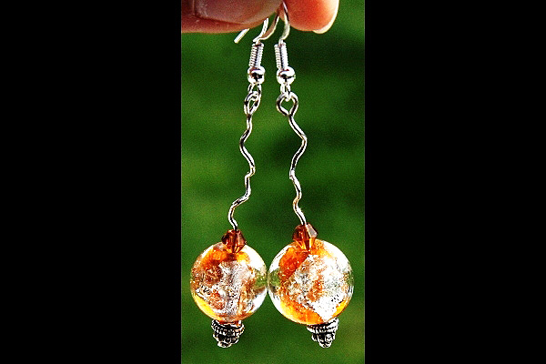 Amber Honey Silver Leaf Murano Glass Ball Sterling Silver Earrings
