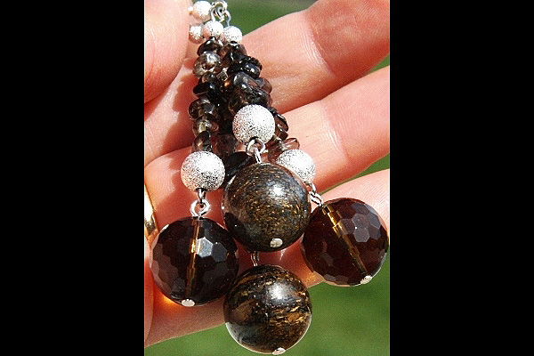 Big Rare Bronzite Crystal and Smoky Quartz Sphere XL Sterling Silver Earrings