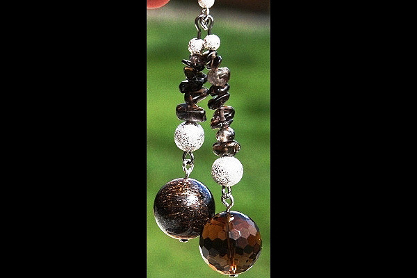 Big Rare Bronzite Crystal and Smoky Quartz Sphere XL Sterling Silver Earrings
