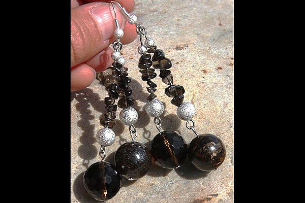 Big Rare Bronzite Crystal and Smoky Quartz Sphere XL Sterling Silver Earrings
