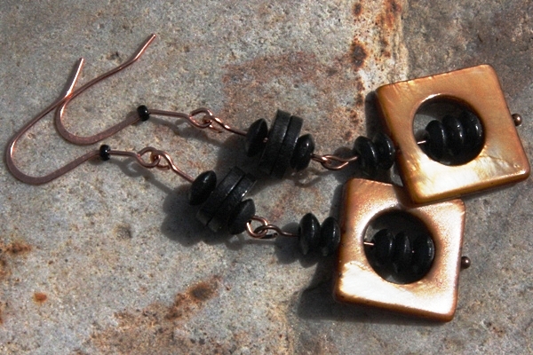 Large Golden Mother of Pearl and Black Ebony Wood Copper Earrings