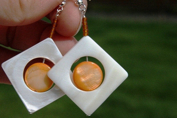 Zen White and Orange Mother of Pearl Sterling Silver Earrings