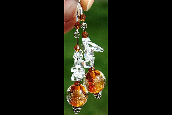 Amber Silver Leaf Murano Glass Ball and Rock Quartz Sterling Silver Earrings