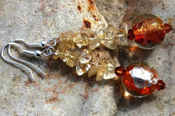Citrine and Amber Silver Leaf Murano Glass Ball Sterling Silver Earrings