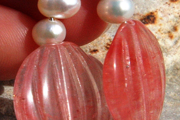 Carved Watermelon Quartz with Pearls Sterling Silver Earrings