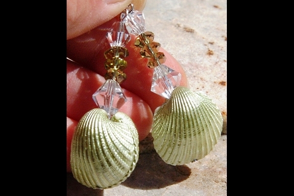 Fascinating Natural Pearlescent Shell and Olive Green Peridot Sterling Earrings