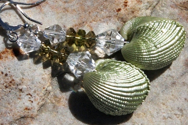 Fascinating Natural Pearlescent Shell and Olive Green Peridot Sterling Earrings