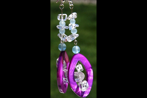 Bright Purple Mother of Pearl with Natural Larimar and Rock Quartz Earrings