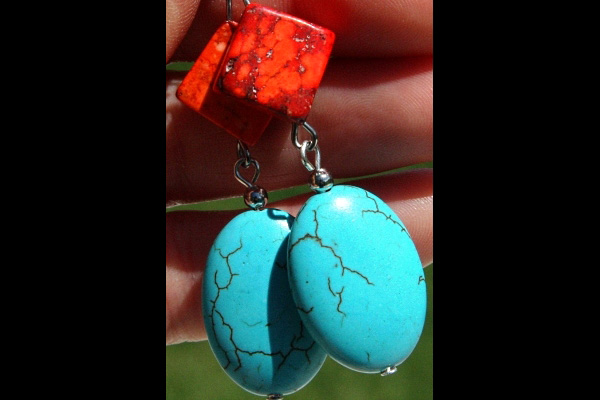 Stunning Bright Red and Natural Blue Turquoise Gemstone Sterling Silver Earrings