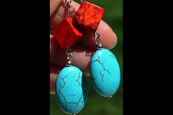 Stunning Bright Red and Natural Blue Turquoise Gemstone Sterling Silver Earrings
