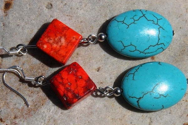 Stunning Bright Red and Natural Blue Turquoise Gemstone Sterling Silver Earrings
