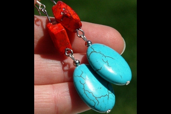 Stunning Bright Red and Natural Blue Turquoise Gemstone Sterling Silver Earrings