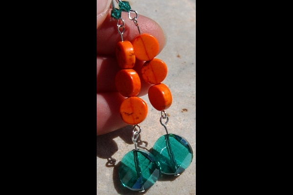 Rich Orange Turquoise and Persian Green Swarovski Crystal Sterling Earrings