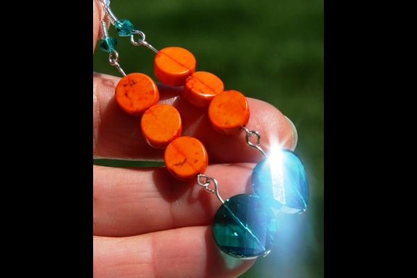 Rich Orange Turquoise and Persian Green Swarovski Crystal Sterling Earrings