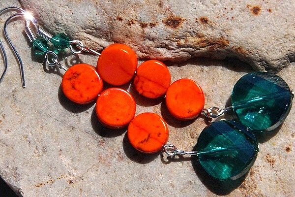 Rich Orange Turquoise and Persian Green Swarovski Crystal Sterling Earrings