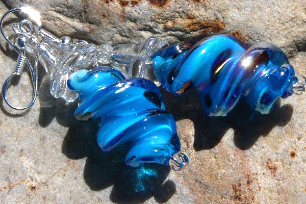 Brilliant Azure Blue Lampwork Glass Swirl Sterling Silver Earrings