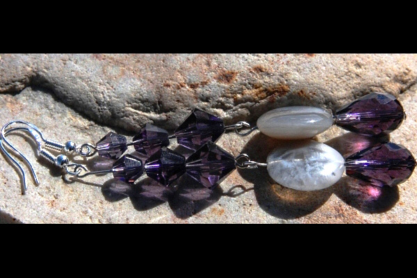 Natural Brazilian Agate and Amethyst Swarovski Crystal Long Dangle Earrings