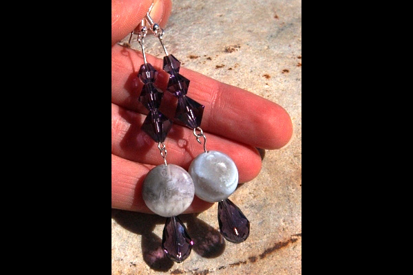 Natural Brazilian Agate and Amethyst Swarovski Crystal Long Dangle Earrings