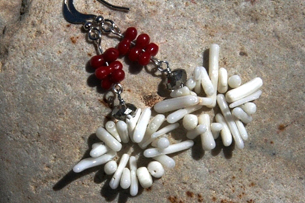 Beautiful Red Coral with Cluster of Natural White Coral Sterling Silver Earrings