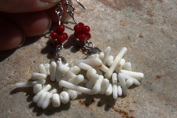 Beautiful Red Coral with Cluster of Natural White Coral Sterling Silver Earrings