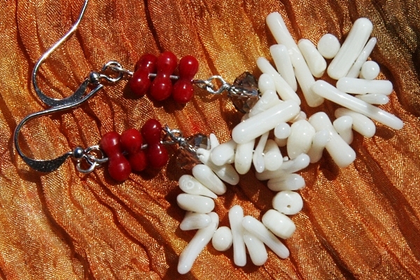 Beautiful Red Coral with Cluster of Natural White Coral Sterling Silver Earrings