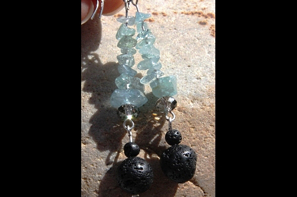 Genuine Aquamarine Gemstone and Black Lava - Long Sterling Silver Earrings