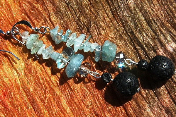 Genuine Aquamarine Gemstone and Black Lava - Long Sterling Silver Earrings