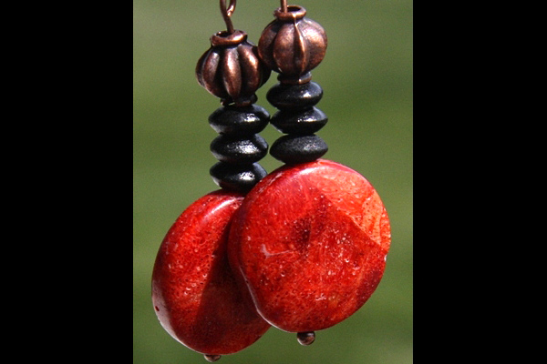 Sizzling Red Sponge Coral and Black Ebony Antiqued Copper Earrings