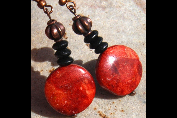 Sizzling Red Sponge Coral and Black Ebony Antiqued Copper Earrings