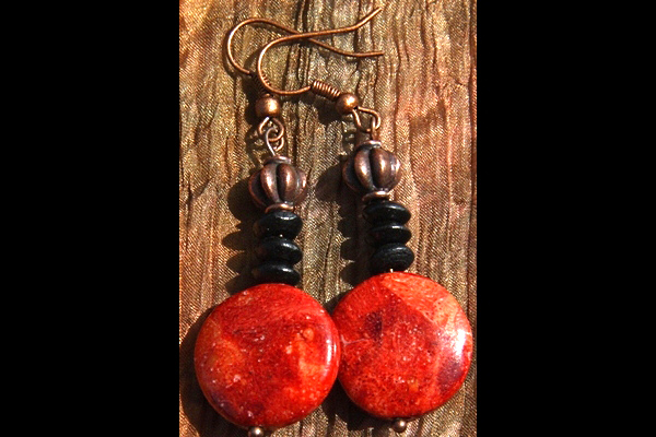 Sizzling Red Sponge Coral and Black Ebony Antiqued Copper Earrings