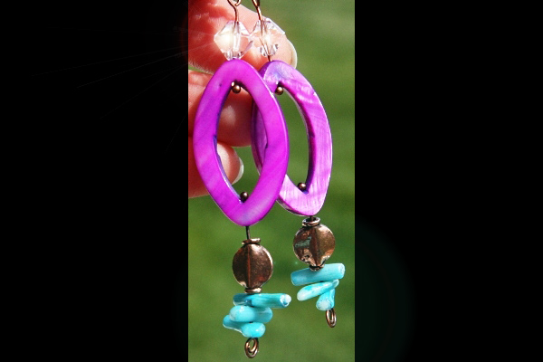 Hot Purple Mother of Pearl with Aqua Coral Sticks - Long Copper Dangle Earrings