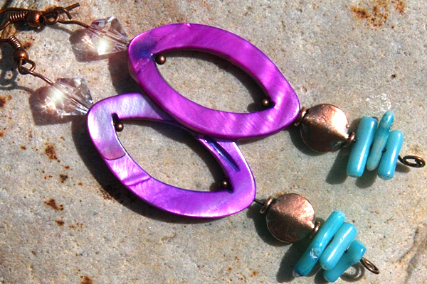 Hot Purple Mother of Pearl with Aqua Coral Sticks - Long Copper Dangle Earrings