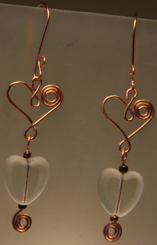 Acharya Earrings - Copper and Frosted Glass Wire Wrapped Hearts